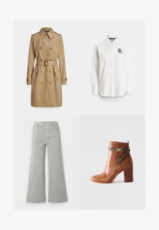 Beežist värvi trentsmantel kahe rea nööpidega, kuldse tooniga nööpide, epaulettide, vöökohaga ja küljetaskutega. Sile ja vastupidav kangas.; Valge puuvillane pikalõikelise varrukaga triiksärk, millel on terav krae ja vasakul rinnal tumesinine tikandiga logo. Allosas ümar lõige.; Heledad hallhallid teksad, mis on valmistatud denimist, kõrge vöökohaga, esi-taskutega ja nööbiga kinnitamisel. Sile tekstuur, minimaalsete disainielementidega.; Pruun nahkne pahkluu saabas, millel on kõrge plokk konts, külgrihm kullast nänni ja kuldne "MK" logo pandla.
