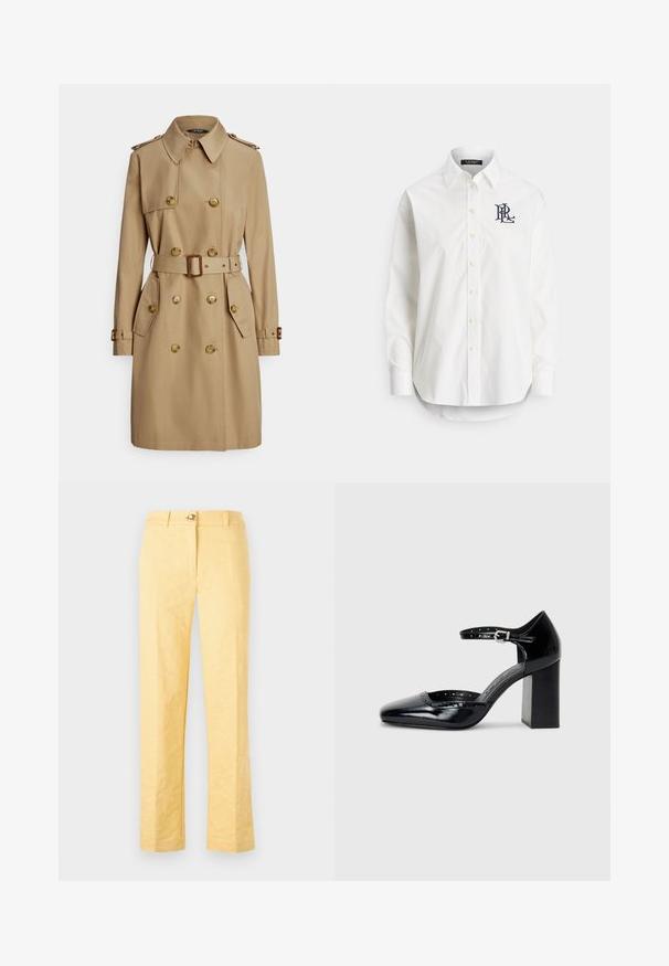 Béžový trenčkot s dvouřadým zapínáním, zlatými knoflíky, nášivkami na ramenech, páskem v pase a bočními kapsami. Hladká, pevná látka.; Bílá bavlněná košile s dlouhými rukávy, špičatým límečkem a námořnicky modrým logem vyšitým na levé straně hrudi. Zaoblený spodní lem.; Žluté kalhoty na míru s texturovaným květinovým vzorem, rovný střih, zapínání na knoflík a poutka na pásek v pase.; Černé lakované kožené vysoké podpatky se čtveratou špičkou, řemínkem kolem kotníku a masivním podpatkem. Obsahuje perforované detaily na okraji.