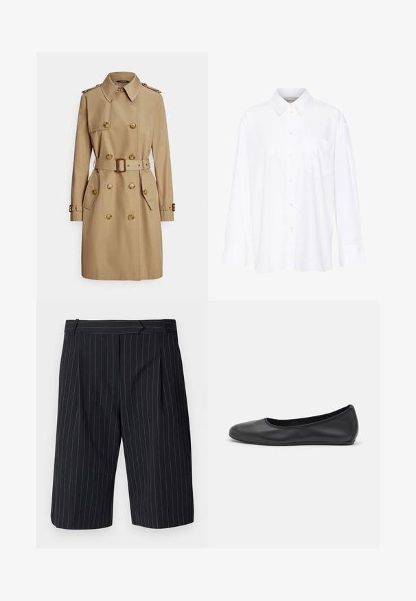 Beežist värvi trentsmantel kahe rea nööpidega, kuldse tooniga nööpide, epaulettide, vöökohaga ja küljetaskutega. Sile ja vastupidav kangas.; Valge pika käisega krae särg, mis on valmistatud puuvillast. Omab nööbipaneeli esiosa ja ühte rinna taskut. Sujuv tekstuur, vabalt lõigatud.; Mustris musta lühikesed püksid, millel on kohandatud lõige, lamedad eest, voldid ja sile tekstuur. Sisaldab vöölooppe.; Musthave mustika tantsutossud mustast nahast, ümmarguse varbaga, siledast tekstuurist, minimaalse õmblusdetailiga ja paindliku tallakujundusega.