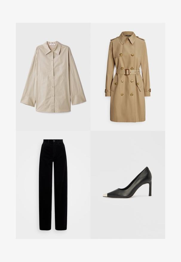 Beige trenchcoat med dobbeltradet design, guldfarvede knapper, skulderstropper, bælte i taljen og sidelommer. Glat, robust stof.; Beige langærmet skjorte med en stor spidse krave, knaplukning foran og brede manchetter. Lavet af et glat, let stof.; Sorte fløjlsbukser med høj talje, bred bendesign og en enkelt frontknaplukning. Glat tekstur med lodret ribbing.; Sort læder højhælet sko med spids tå og metal-sølv hætte. Har en glat finish og en slank hæl på 10 cm.