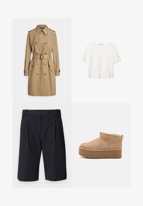 Beige trenchcoat met dubbele rij knopen, goudkleurige knopen, epauletten, tailleceintuur en zijzakken. Gladde, stevige stof.; Witte korte mouwen t-shirt van katoen. Heeft een ronde halslijn en een ontspannen pasvorm. Glad textuur zonder zichtbare patronen of accenten.; Zwarte gestreepte shorts met een getailleerde pasvorm, voorzien van een platte voorkant, plooien en een gladde textuur. Inclusief riemlussen.; Beige suède enkellaarsjes met een pluche binnenvoering, voorzien van een plateauzool en een trekhaak aan de achterkant voor gemakkelijk aantrekken. Gemêleerde rubberen zool.