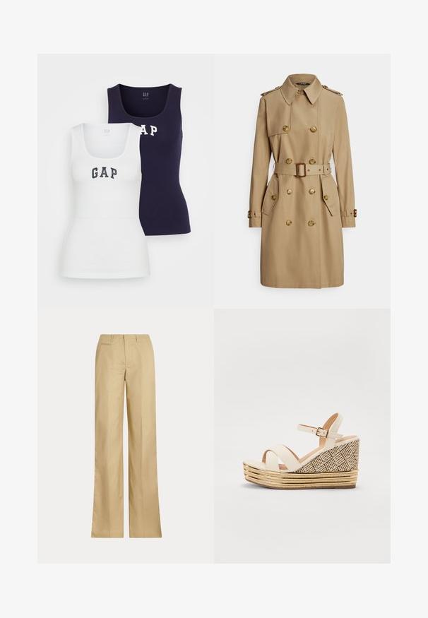 Trench-coat beige avec une coupe croisée, boutons dorés, épaulettes, taille ceinturée et poches latérales. Tissu lisse et robuste.; Deux débardeurs en blanc et marine, avec une texture côtelée, un col rond et le mot "GAP" imprimé en couleurs contrastantes sur le devant.; Pantalons larges beiges en coton lisse, dotés d'une taille classique et d'une poche arrière, avec une coupe droite et un minimum de détails.; Sandales compensées avec une tige en tissu crème, bride de cheville réglable et talon tissé texturé avec des accents dorés et de la paille superposée.