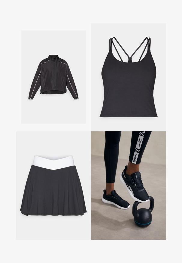 Svart lett jakke med frontglidelås, høy krage og hvite refleksstriper langs skuldrene og sidene. To lommer med glidelås.; Svart tank topp med tynne stropper og et kryssdesign på baksiden. Laget av mykt, elastisk materiale med en tettsittende silhuett.; Svart skort med en hvit crossover midjebånd. Laget av myk, elastisk stoff, med en utskjært design og en glatt tekstur.; Svarte joggesko med strukturert overdel, hvit såle og grå aksenter, plassert på en svart kettlebell med blå stripe, mot en nøytral bakgrunn.