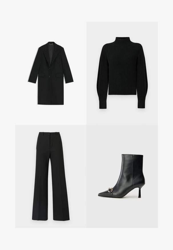 Zwarte lange jas van gladde stof met een getailleerde pasvorm, notch-lapels, twee voorkleppen en een enkele knoopsluiting.; Zwarte gebreide trui met een hoge kraag, geribbelde textuur en raglanmouwen. Het lichaam is lichtjes cropped met een dikke geribbelde zoom.; Zwarte wijde broek met een op maat gemaakt ontwerp, kenmerkend door een soepele textuur en subtiele plooien aan de voorkant. Geen zichtbare hardware of patronen.; Zwarte leren enkelboot met spitse neus, slanke middenhoge hak en zilveren gespdetail aan de zijkant op een effen achtergrond.