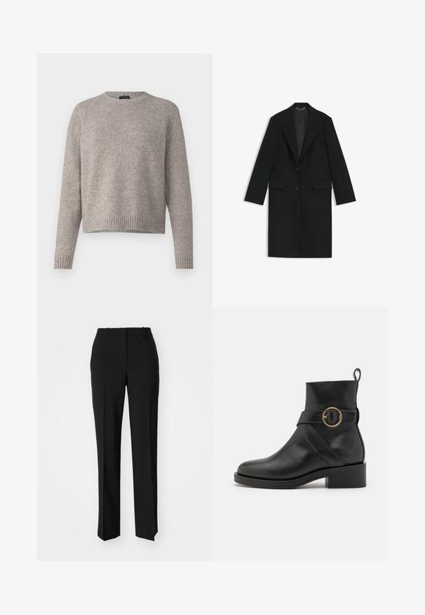 Schwarzer langer Mantel aus glattem Stoff mit taillierter Passform, mit Revers, zwei vorderen Taschen und einem einzigen Knopfverschluss.; Helles graues Strickpullover mit Rundhalsausschnitt, langen Raglanärmeln und geripptem Saum. Weicher Stoff und lockere Passform.; Schwarze, taillierte Hose mit geradem Bein, aus einem glatten Stoff und mit klaren Falten an der Vorderseite. Keine sichtbare Hardware.; BOSS IRYNA BOOTIE - Plateaustiefelette - black