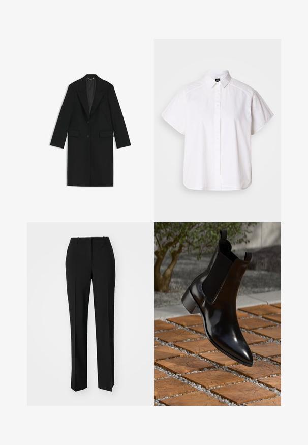 Black long coat made of smooth fabric with a tailored fit, notched lapels, two front pockets, and a single button closure.; White short-sleeve button-up shirt with a pointed collar and curved hem. Made from cotton with a smooth texture and no visible patterns.; Black tailored trousers with a straight-leg design, featuring a smooth texture and crisp creases along the front. No visible hardware.; Black leather Chelsea boot with a pointed toe, elastic side panels, and a chunky heel, resting above a stone and wood patterned surface.