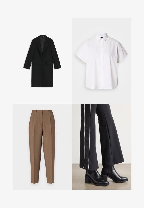 Zwarte lange jas van gladde stof met een getailleerde pasvorm, notch-lapels, twee voorkleppen en een enkele knoopsluiting.; Witte kortemouw overhemd met knopen, voorzien van een puntige kraag en een gebogen zoom. Gemaakt van katoen met een gladde textuur en zonder zichtbare patronen.; Bruine op maat gemaakte broeken met een geweven structuur, voorzien van een hoge taille, voorplooien en een rechte pijpdesign. Geen zichtbare hardware of zakken.; Zwarte leren enkellaarzen met een blokhak, voorzien van elastische zijpanelen. Gecombineerd met zwarte broeken met een witte zijstreep.