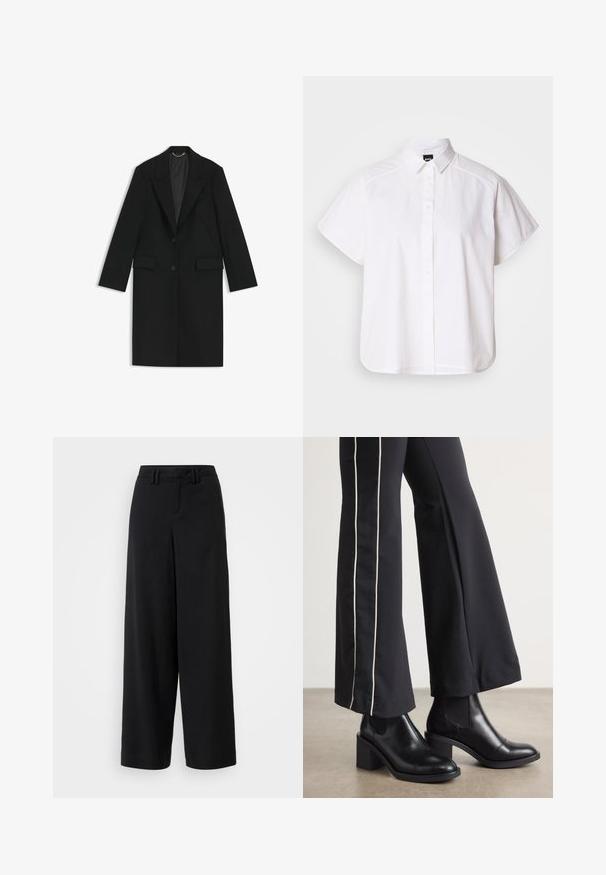 Abrigo largo negro de tejido suave con un corte a medida, solapas con muesca, dos bolsillos frontales y cierre de un solo botón.; Camisa blanca de manga corta con botones, cuello con puntas y dobladillo curvado. Fabricada en algodón con una textura suave y sin patrones visibles.; Pantalones de pierna ancha negros, hechos de una tela suave, con un diseño de frente plano, detalles plisados y trabillas en la cinturilla.; Botines de cuero negro con tacón cuadrado, con paneles laterales elásticos. Combinados con pantalones negros que tienen una franja blanca lateral.