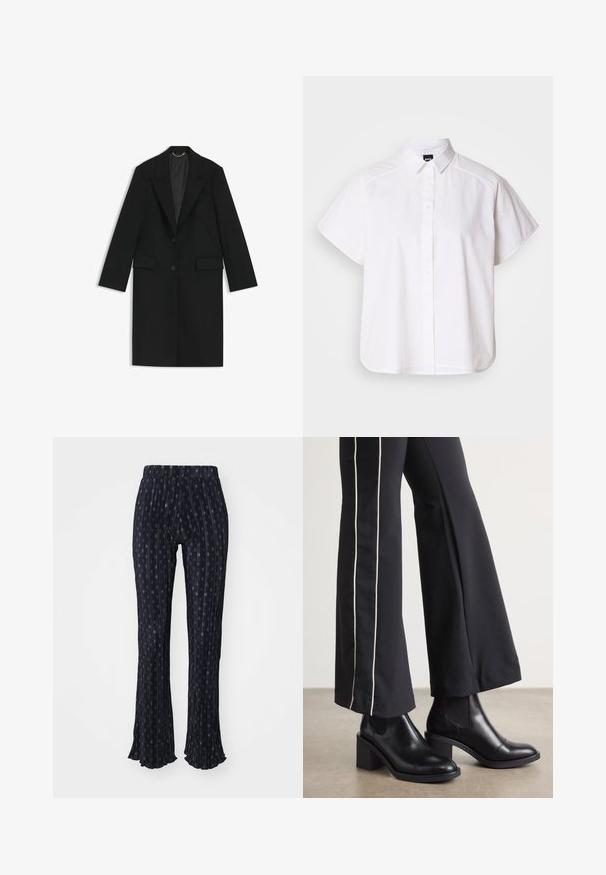 Musta pitkä takki, joka on valmistettu sileästä kankaasta, istuu hyvin, jossa on leikattu kaulus, kaksi etutaskua ja yksittäinen nappilukitus.; Valkoinen lyhythihainen nappikauluspaita, jossa on terävä kaulus ja kaareva helma. Valmistettu puuvillasta, jossa on sileä pinta ja ei havaittavissa olevia kuvioita.; Laivastonsiniset housut, joissa on pinstripe-kuvio ja pieniä pyöreitä kuvioita. Laajeneva lahje, joustava vyötärö ja pleatattu pinta.; Mustat nahkasaappaat nilkkapituisilla, lohkareella, joissa on joustavat sivupaneelit. Yhdistetty mustiin housuihin, joissa on valkoinen sivuraita.