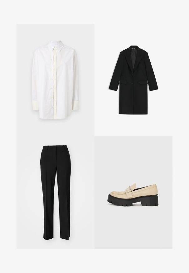 Cappotto lungo nero realizzato in tessuto liscio con una vestibilità sartoriale, rever a arricciatura, due tasche anteriori e chiusura con un bottone singolo.; Camicia bianca in cotone con colletto a punta, fodera frontale, maniche lunghe e dettagli crema chiaro su polsini e aree dei bottoni.; Pantaloni neri su misura con un design a gamba dritta, caratterizzati da una texture liscia e pieghe ben definite sul davanti. Senza hardware visibile.; Mocassini in pelle beige con suola nera spessa, caratterizzati da una fibbia decorativa e dettagli di cucitura sulla parte anteriore. Vista laterale.