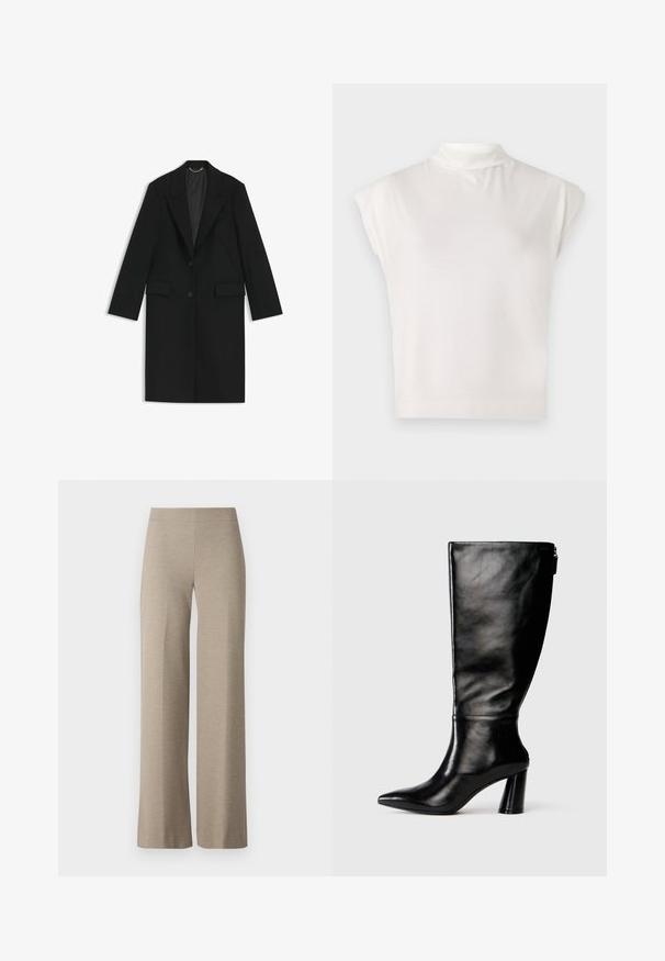 Sort lang frakk lavet af glat stof med en skræddersyet pasform, notch-lapel, to forlommer og en enkelt knaplukning.; Hvid ærmeløs turtleneck top lavet af blødt stof, med en struktureret design, glat tekstur og diskret ribbet kantdetalje.; Beige vide ben bukser lavet af tekstureret stof, med en høj talje og uden synlige lukninger eller lommer. Glat, skræddersyet silhuet.; Knee-high sorte læderstøvle med spids tå, glat tekstur og en kraftig hæl. Har en lynlåsdetaile bagpå.