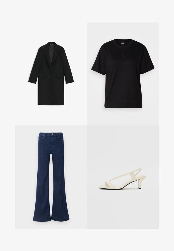 Black long coat made of smooth fabric with a tailored fit, notched lapels, two front pockets, and a single button closure.; Black cotton t-shirt with a crew neckline, short sleeves, and an embroidered logo on the chest. Simple, relaxed fit with no patterns.; Dark blue flared jeans made from denim, featuring a high waist, subtle whiskering, and gold hardware on the front pockets and closure.; Beige block-heeled sandals with thin straps and a square toe. Smooth material with minimal detailing, designed for easy wear.