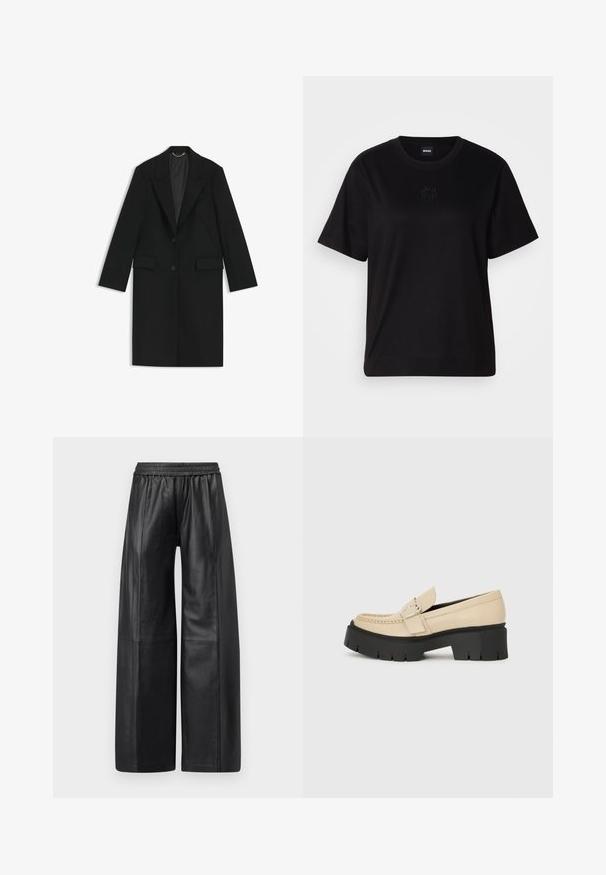 Black long coat made of smooth fabric with a tailored fit, notched lapels, two front pockets, and a single button closure.; Black cotton t-shirt with a crew neckline, short sleeves, and an embroidered logo on the chest. Simple, relaxed fit with no patterns.; Black leather wide-leg pants with an elastic waistband, featuring vertical seams for tailored fit and smooth texture throughout.; Beige leather loafers with black chunky sole, featuring a decorative buckle and stitching detail on the front. Side view.