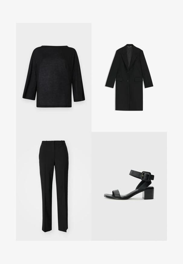Schwarzer langer Mantel aus glattem Stoff mit taillierter Passform, mit Revers, zwei vorderen Taschen und einem einzigen Knopfverschluss.; Schwarzes, locker sitzendes Oberteil mit weitem Ausschnitt und drei Viertelärmeln. Das Material wirkt weich und leicht mit einer glatten Textur.; Schwarze, taillierte Hose mit geradem Bein, aus einem glatten Stoff und mit klaren Falten an der Vorderseite. Keine sichtbare Hardware.; Schwarze Leder-High-Heel-Sandale mit verstellbarem Knöchelriemen, offenem Zehendesign und quadratischem Blockabsatz. Glatte Textur, minimalistischer Stil.