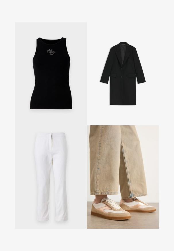 Black long coat made of smooth fabric with a tailored fit, notched lapels, two front pockets, and a single button closure.; Black ribbed tank top featuring a round neckline and a logo embellished with silver studs on the front. Soft, stretchy fabric.; White cotton pants with a straight leg design, featuring a mid-rise waist and no visible hardware or patterns. Smooth texture throughout.; Tan and cream sneakers with a suede and mesh design, featuring a lace-up closure and rubber soles, paired with tan wide-leg jeans.