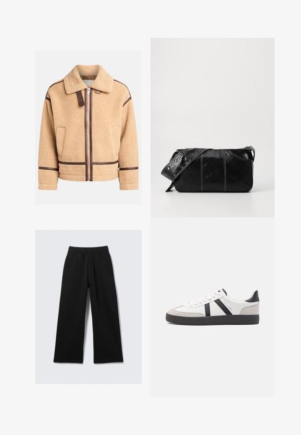 Kremfarget faux shearling jakke med glidelås foran, brune lærdetaljer og krage. Har en firkantet design og sydd detaljer.; Grønn høyhalset genser laget av mykt stoff med lange ermer, ribbestrikkede mansjetter og kant, med en tettsittende silhuett og glatt tekstur.; Sorte vidbukse laget av mykt stoff, med elastisk midjebånd og to sidelommer. Glatt tekstur, nøytralt design uten mønstre.; Hvite sneakers med svarte og grå detaljer, med en teksturert grå tåhette, svart gummisåle, og flate hvite lisser. Rent design, minimalistisk stil.; Svart lær skulderveske med glidelås, med teksturert overflate, hvite sømmer og en stropp med sølvringer.