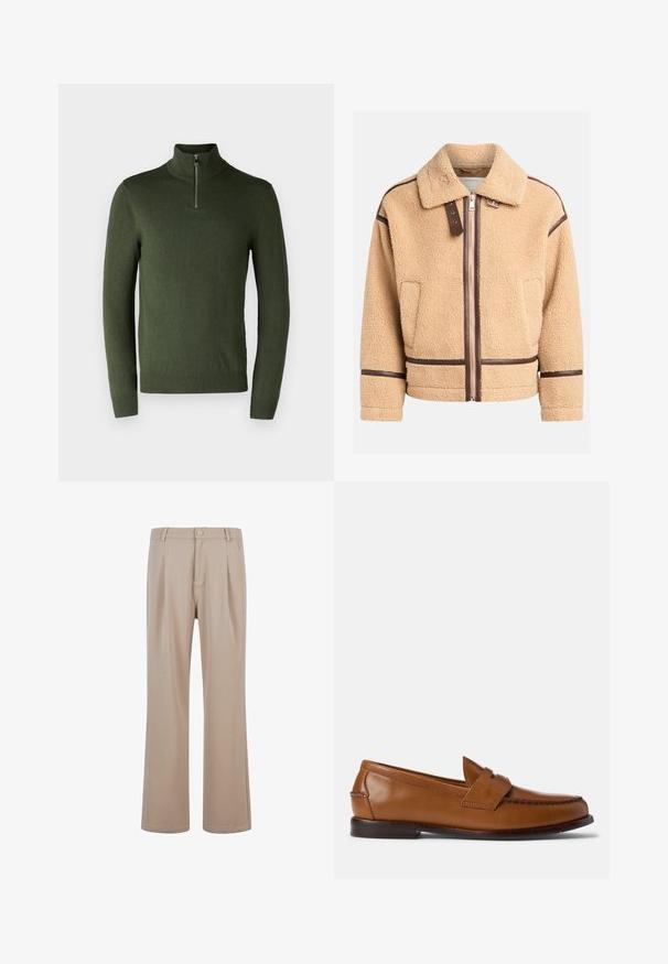 Beež faux shearling jakk, millel on lukuga esi, pruunid nahast aktsendid ja krae. Omab ruudukujulist disaini ja õmblusteenuseid.; Roheline, pikakäiselise pullover-sviiter kõrge kaelusega ja lühikese tõmblukuga. Valmistatud pehmest kangast, millel on soonikkoes varrukasuu ja alläär.; Bežid plisseeritud püksid, mis on valmistatud siledast kangast ja omavad sirget sääre disaini, millel on nööpkinnitus ja peened õmblusdetailid.; Pruunid nahast loafersid, millel on lamedad tallad, ümarad varbad ja dekoratiivne õmblus. Omab õmmeldud detaile ülevalt ja siledat viimistlust.