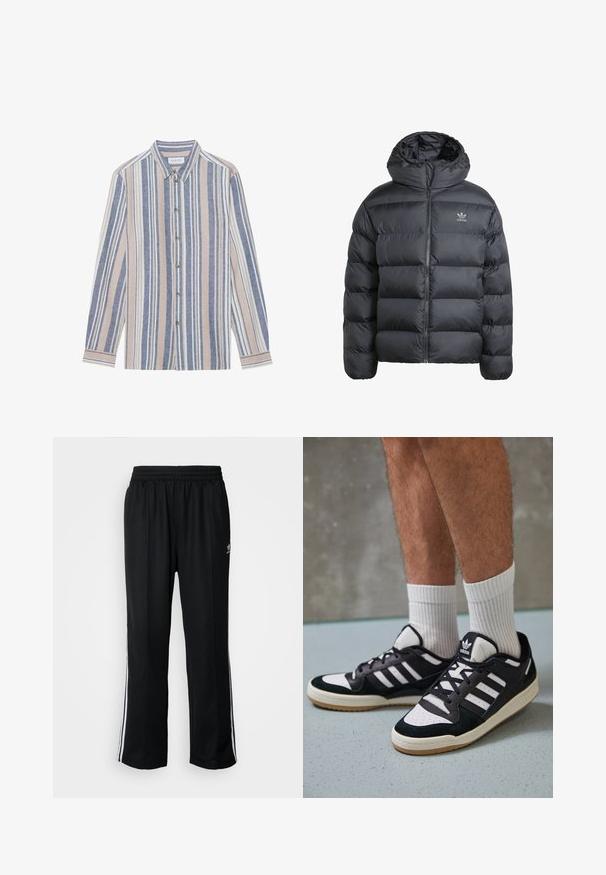 Schwarze Pufferjacke mit Kapuze, gestepptem Design und glatter, glänzender Textur. Verfügt über einen Frontreißverschluss und ein kleines Logo auf der Brust.; Langärmliges Hemd mit Knöpfen, das vertikale Streifen in Blau, Beige und Weiß zeigt. Hergestellt aus einem strukturierten Stoff, mit einem Kragen und Metallknöpfen.; Schwarze Sporthosen mit elastischem Bund, ausgestattet mit weißen Seitenstreifen und einem kleinen Logo. Das Material wirkt weich und leicht.; Schwarz-weiße Sneaker mit einem Obermaterial aus Wildleder und Leder, ausgestattet mit drei weißen Streifen, einer perforierten Zehenpartie und einer Sohle aus Gummi.