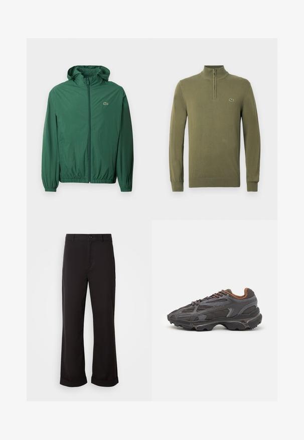 Πράσινο ελαφρύ μπουφάν με κουκούλα, φερμουάρ, ελαστικούς καρπούς και ελαστική μέση. Διαθέτει μικρό λογότυπο στο στήθος.; Ελιακό πράσινο μακρυμάνικο πουλόβερ με κλείσιμο quarter zip στον γιακά και μικρό λογότυπο κροκοδείλου στο αριστερό στήθος.; Μαύρο παντελόνι με ίσια εφαρμογή, κατασκευασμένο από ελαφρύ ύφασμα. Διαθέτει κλασικό κλείσιμο με κουμπί και ρολάρει στη βάση.; Αθλητικά παπούτσια Lacoste σε σκούρο γκρι χρώμα, κατασκευασμένα από διχτυωτό και συνθετικό υλικό, με ελαστική σόλα και καφέ λεπτομέρειες στον γιακά και στο branding.