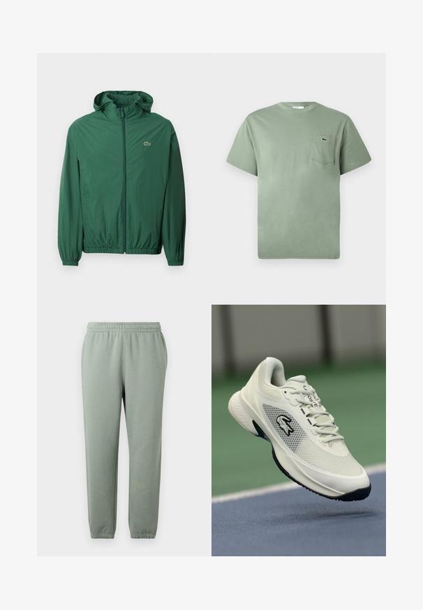 Green lightweight jacket with a hood, zip closure, elastic cuffs, and an elastic waistband. Features a small logo on the chest.; Light green short-sleeve cotton T-shirt with a chest pocket featuring a small embroidered crocodile logo.; Light green sweatpants with an elastic waistband, tapered legs, and cuffed ankle hems. Made of soft, lightweight fabric.; White athletic sneaker with a mesh upper, black accents, textured sole, and prominent logo on the side, displayed against a court background.