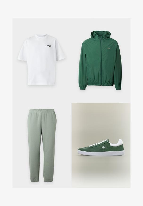 Zaļa viegla virsjakas ar kapuci, ar rāvējslēdzēju, elastīgām piedurknēm un elastīgu jostu. Iezīmēts ar mazu logotipu uz krūšu daļas.; Balts kokvilnas T-krekls ar īsām piedurknēm, uz kā uzrakstīts "Jeu Set et Match" un uz kreisā krūts ir neliels zaļš logs. Klasiska izgriezuma.; Gaiši zaļas sporta bikses ar elastīgu jostu, sašaurinātām kājām un aprocēm pie potītēm. Izgatavotas no mīksta, viegla auduma.; Zema profila zaļie zamša sporta apavi ar baltām šņorēm, baltu zoli, polsterētu papēža apkakli un izšūtu krokodila logo ar tekstu "EST. 1933".