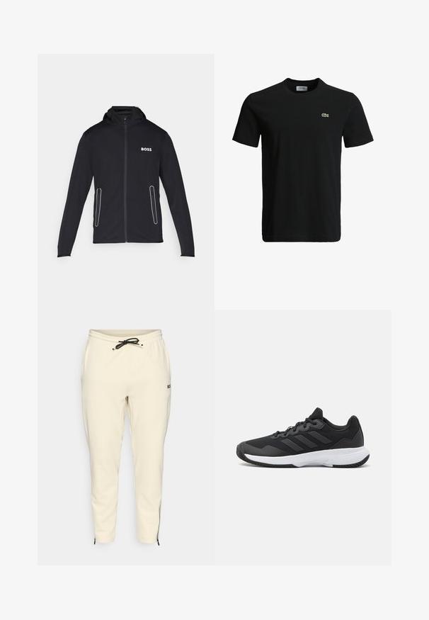 Sort hættejakke lavet af blødt stof, med lynlåslommer og hvid "BOSS" logo på brystet. Glat tekstur og tætsiddende design.; Sort bomulds T-shirt med rund halsudskæring, korte ærmer og et lille grønt krokodille-logo på venstre bryst. Glat tekstur, afslappet design.; Lyse beige joggers med elastisk talje og snøre, der har sidelommer og lynlåse ved anklerne for et fits til kroppen.; Sort atletisk sko med en struktureret overdel, tre vandrette striber og en hvid sål med et mønstret slidbane. Letvægts- og strømlinet design.