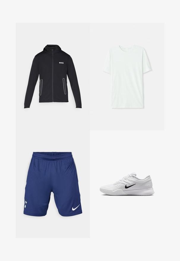 Schwarze Kapuzenjacke aus weichem Stoff, mit Reißverschlusstaschen und weißem "BOSS"-Logo auf der Brust. Glatte Textur und taillierte Passform.; Helles mintgrünes T-Shirt mit kurzen Ärmeln aus weichem Stoff. Es hat einen Rundhalsausschnitt und einen schlichten, geraden Schnitt ohne Verzierungen.; Nike Sportshorts in Dunkelblau mit einem elastischen Bund, weißen Seitenakzenten und einem Vereinslogo auf dem linken Bein.; Weißer Sportschuh mit strukturiertem Mesh-Obermaterial, schwarzem Nike-Swoosh, gepolstertem Kragen und Gummisohle mit einem Profilmuster.