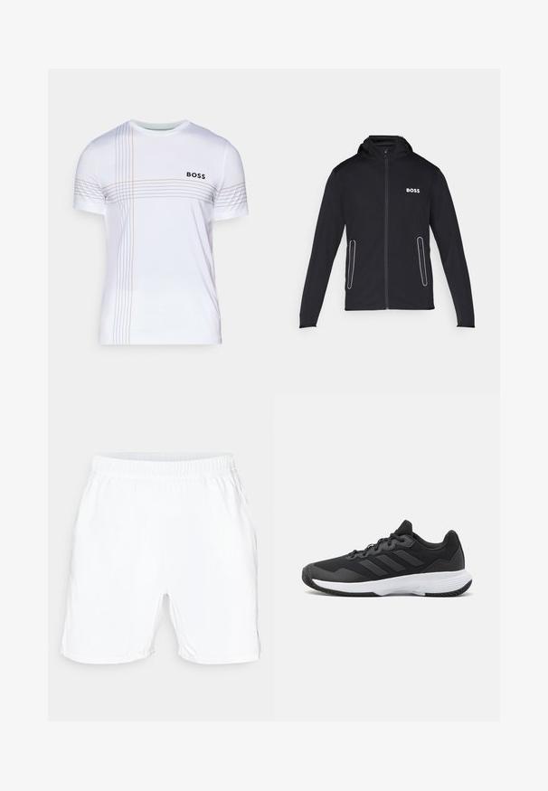 Chaqueta negra con capucha hecha de un tejido suave, con bolsillos con cremallera y el logo blanco "BOSS" en el pecho. Textura suave y diseño ajustado.; Camiseta deportiva blanca de manga corta, con un logo negro de "BOSS" y finas líneas naranjas y grises en la parte frontal. Textura suave.; Pantalones cortos deportivos blancos con cinturilla elástica, textura suave y corta longitud. Sin patrones visibles ni detalles adicionales.; Zapatilla deportiva negra con una parte superior texturizada, tres franjas horizontales y una suela blanca con un dibujo en su superficie. Diseño ligero y aerodinámico.