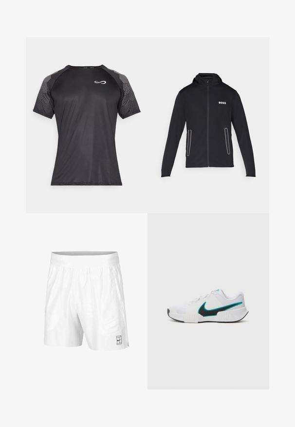 Zwarte capuchonjack gemaakt van zacht materiaal, met ritszakken en een witte "BOSS"-logo op de borst. Soepele textuur en aangesloten ontwerp.; Endless FEISTY HEXAGON - T-shirt print - black; Witte sportshorts gemaakt van lichtgewicht stof met een elastische tailleband, voorzien van twee zijzakken en een klein zwart logo op de zoom.; Witte sportieve schoen met een textuur mesh bovenwerk, zwarte rubberen zool en teal Nike swooshaccent. Voorzien van veters en een gewatteerde kraag.