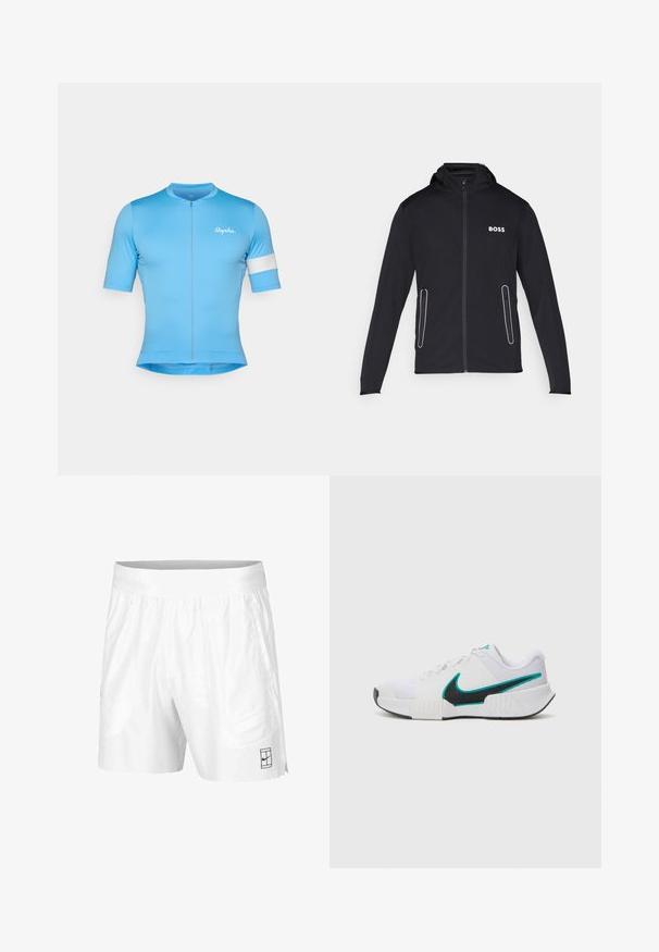 Schwarze Kapuzenjacke aus weichem Stoff, mit Reißverschlusstaschen und weißem "BOSS"-Logo auf der Brust. Glatte Textur und taillierte Passform.; Blaues kurzärmeliges Radtrikot mit einem Reißverschluss vorne, aus glattem, elastischem Stoff. Mit einem weißen Akzentband am Ärmel und dem "Rapha"-Logo.; Weiße Sportshorts aus leichtem Gewebe mit einem elastischen Bund, ausgestattet mit zwei Seitentaschen und einem kleinen schwarzen Logo am Saum.; Weißer Sportschuh mit strukturiertem Mesh-Obermaterial, schwarzer Gummisohle und türkisfarbenem Nike-Swoosh-Akzent. Verfügt über Schnürsenkel und gepolsterten Kragen.
