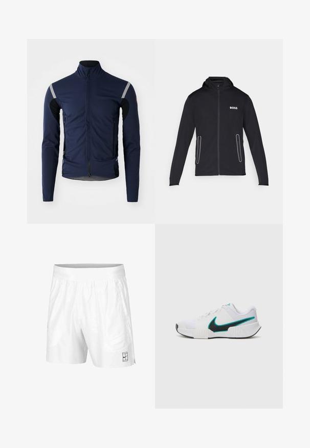 Sort hættejakke lavet af blødt stof, med lynlåslommer og hvid "BOSS" logo på brystet. Glat tekstur og tætsiddende design.; Herre navy cykeljakke med lange ærmer, høj krave, lynlås foran og reflekterende detaljer på skuldre og ærmer. Blødt, tekstureret stof.; Hvide atletiske shorts lavet af letvægtsstof med elastisk talje, der har to sidelommer og et lille sort logo på kanten.; Hvid sportsko med tekstureret mesh-overdel, sort gummisål og teal Nike swoosh-accent. Har snørebånd og polstret krave.