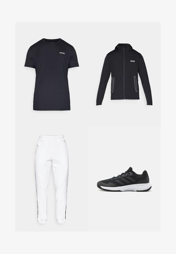 Zwarte capuchonjack gemaakt van zacht materiaal, met ritszakken en een witte "BOSS"-logo op de borst. Soepele textuur en aangesloten ontwerp.; Zwarte T-shirt van zachte stof, met een ronde hals en korte mouwen. "BORG" logo in het wit op de linkerborst.; Witte sweatpants met elastische tailleband, voorzien van zwarte zijkanten en boorden. Gemaakt van zacht materiaal met een gladde textuur.; Zwarte sportieve schoen met een gestructureerde bovenkant, drie horizontale strepen en een witte zool met een gepatternde loopvlak. Lichtgewicht en gestroomlijnd ontwerp.
