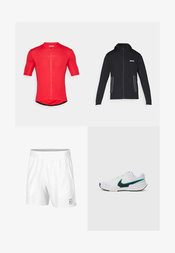 Veste à capuche noire en tissu doux, dotée de poches zippées et d'un logo "BOSS" blanc sur la poitrine. Texture lisse et design ajusté.; Maillot de cyclisme rouge avec une fermeture éclair courte, fabriqué en tissu lisse et léger. Caractérisé par des manches courtes et un ourlet arrondi.; Shorts de sport blancs en tissu léger avec une taille élastique, dotés de deux poches latérales et d'un petit logo noir au bas.; Chaussure de sport blanche avec une tige en mesh texturé, semelle en caoutchouc noire et accent en teal sur le logo Nike. Équipée de lacets et d'un col rembourré.