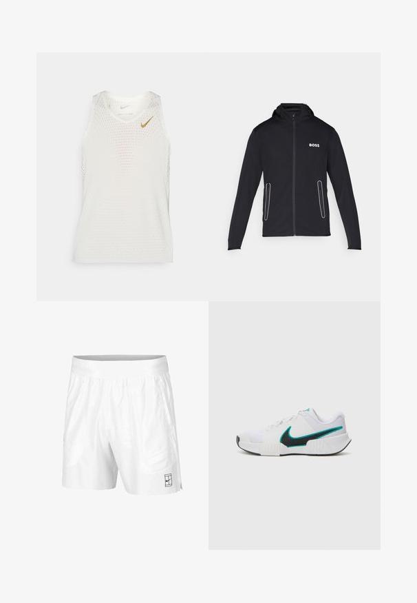 Musta huppu-takki, joka on valmistettu pehmeästä kankaasta ja jossa on vetoketjulliset taskut sekä valkoinen "BOSS" -logo rinnassa. Sileä pinta ja istuva muotoilu.; Valkoinen rei'itetty toppi pyöreällä pääntiellä ja pienellä kultaisella Nike-logolla vasemmassa rinnassa. Kevyt, hengittävä muotoilu.; Valkoiset urheilushortsit, jotka on valmistettu kevyestä kankaasta, joustovyötäröllä. Siinä on kaksi sivutaskua ja pieni musta logo helman kohdalla.; Valkoinen urheilukenkä, jossa on teksturoidusta verkkokankaasta valmistettu päällinen, musta kumipohja ja teal-värinen Nike-swoosh-korostus. Varustettu nauhoilla ja pehmustetulla nilkkapannalla.