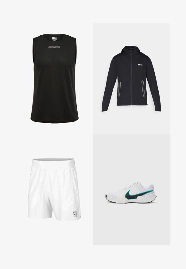 Zwarte capuchonjack gemaakt van zacht materiaal, met ritszakken en een witte "BOSS"-logo op de borst. Soepele textuur en aangesloten ontwerp.; Zwart sportshirt zonder mouwen, gemaakt van zachte, ademende stof. Heeft een ronde halslijn en een geborduurd "HUMMEL"-logo in het wit.; Witte sportshorts gemaakt van lichtgewicht stof met een elastische tailleband, voorzien van twee zijzakken en een klein zwart logo op de zoom.; Witte sportieve schoen met een textuur mesh bovenwerk, zwarte rubberen zool en teal Nike swooshaccent. Voorzien van veters en een gewatteerde kraag.