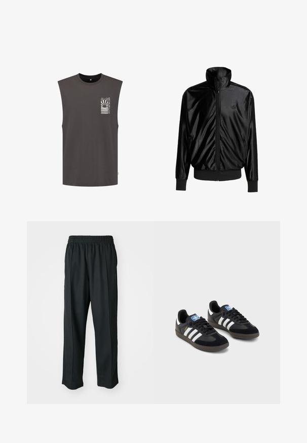 Black satin zip-up jacket featuring high collar, ribbed cuffs, and three vertical stripes on each sleeve. Subtle logo on the chest.; Shiwi SUNSHINE - Top - dusty anthracite grey; Black athletic pants with an elastic waistband, made of smooth fabric, featuring subtle side stitching and a relaxed fit, straight leg design.; Black sneakers with a suede and synthetic upper, featuring three white stripes, textured rubber sole, and blue logo tag on the tongue.