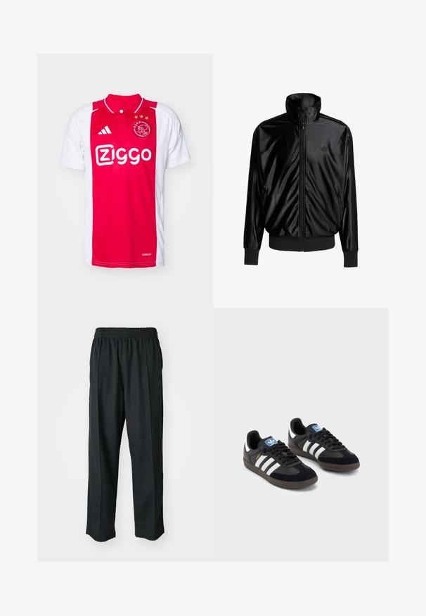 Crni satenski jakna sa zatvaračem na prednjoj strani, visoki ovratnik, rebrasti manžeti i tri vertikalne pruge na svakoj rukavu. Suptilan logo na prsima.; Crvena i bijela nogometna majica s ovratnikom, s uzorkom u obliku cik-cak i logotipom "Ziggo" istaknutim u bijeloj boji. Tri zlatne zvijezde iznad logotipa.; Crne atletske hlače s elastičnim pojasom, izrađene od glatkog materijala, s diskretnim bočnim šavovima i opuštenim krojem, ravne nogavice.; Crne tenisice s gornjim dijelom od antilopa i sintetičkog materijala, s tri bijele pruge, teksturiranom gumenom potplatom i plavom oznakom na jeziku.