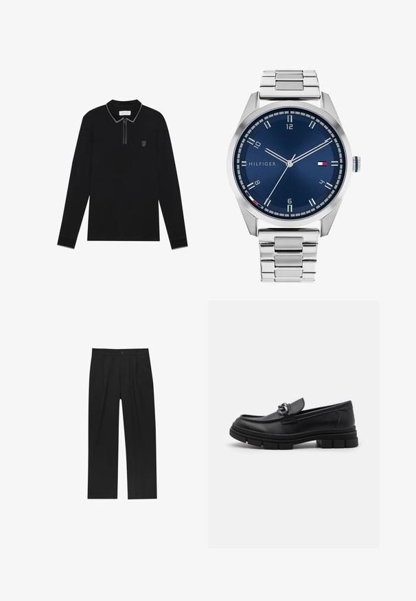 Palton din lână de culoare cămilă, cu guler cu vârfuri, închidere frontală cu nasturi și două buzunare laterale. Prezintă o textură netedă și moale.; Polo cu mânecă lungă, de culoare neagră, cu guler cu fermoar, detalii contrastante de culoare gri și un mic emblemă brodată pe piept. Material moale.; Pantaloni negri cu un design drept, fabricați dintr-un material neted. Au plisse în față și un sistem de închidere cu un singur buton la talie.; Mocasini din piele neagră cu vârful rotund, o curea decorativă și accesorii metalice, și o talpă chunky texturată. Finisaj neted cu detalii subtile.; Ceas metalic argintiu cu un cadran albastru periat, marcaje albe pentru ore și o afișare a datei. Dispune de o curea metalică legată și logo-ul mărcii.