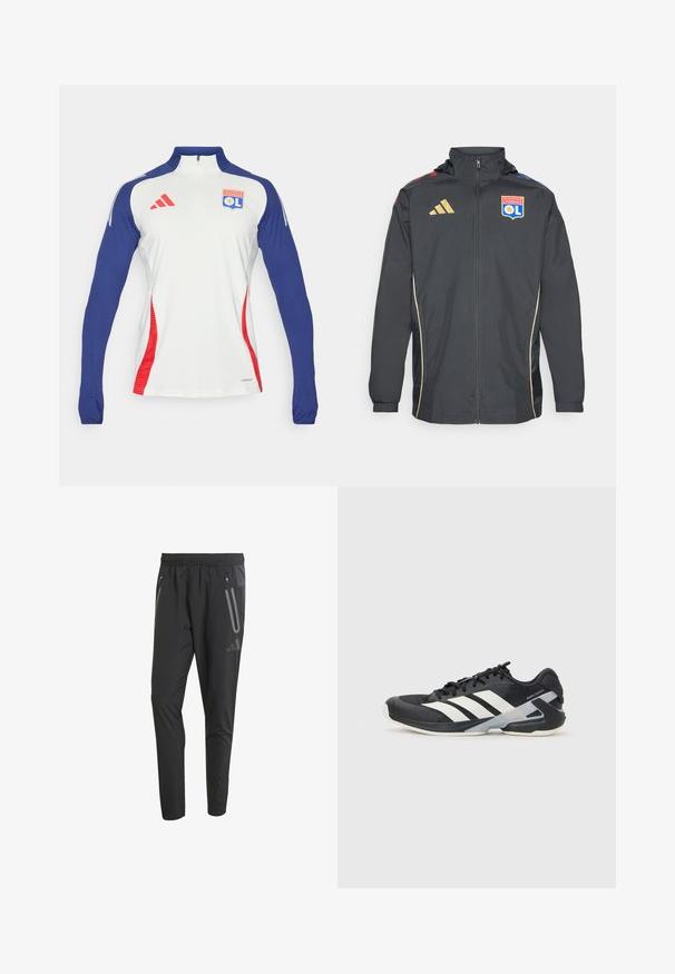 adidas Performance OL AW JKT - Klubruházat - carbon/hazy beige; Hosszú ujjú, fehér sportpóló navy kék ujjakkal és piros részletekkel. Zipzáras nyakkal rendelkezik, és az Olympique Lyonnais logója található a mellkasán.; Fekete sportos nadrág elasztikus derékrésszel, két cipzáras oldalzsebbel, szűkített fazonnal és fényvisszaverő részletekkel az elején.; Fekete sportcipő fehér csíkokkal, hálós felsőrész, kerek orr és párnázott talp. Texturált sarokkal és biztonságos fűzőrendszerrel rendelkezik.