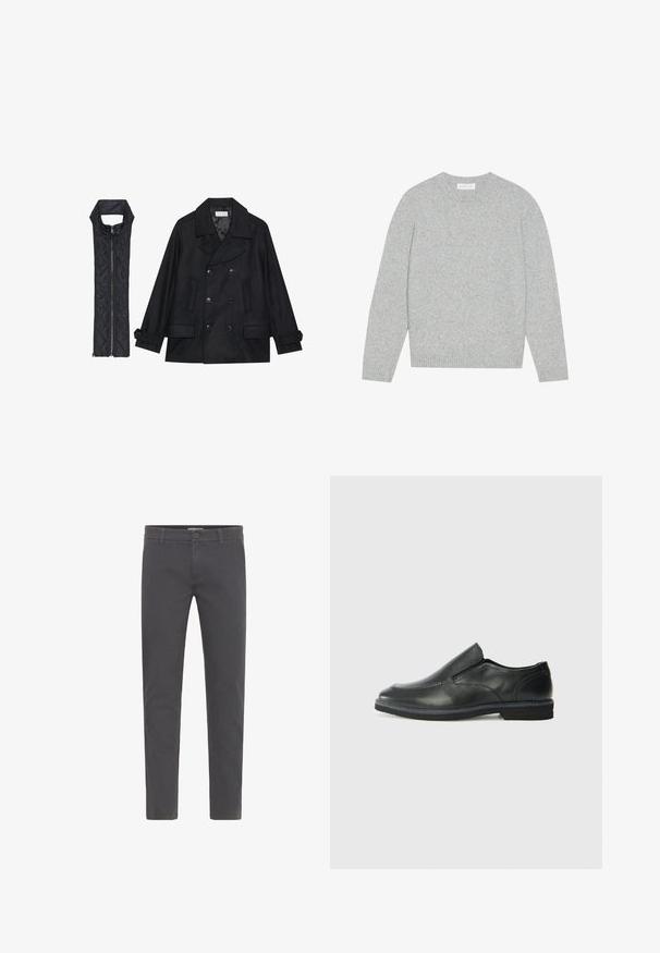 Manteau en laine noir à double boutonnage et grand col, associé à un gilet matelassé sans manches noir avec fermeture éclair.; Pull en laine gris clair avec un col rond, des manches longues et des poignets et ourlet côtelés. Texture douce avec un design solide et minimal.; Pantalons gris, ajustés, fabriqués en coton doux. Dotés d'une fermeture à bouton, de passants de ceinture et d'un design épuré et contemporain. Sans motifs visibles.; Chaussure slip-on en cuir noir avec une tige lisse, des accents cousus, un bout arrondi et un petit talon en caoutchouc. La semelle présente un profil de traction minimal.