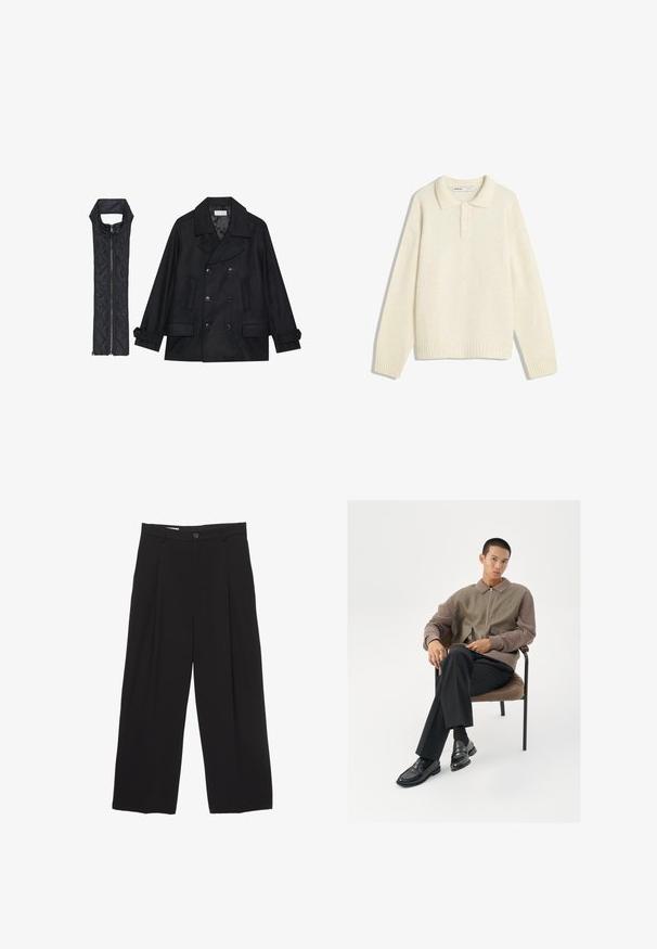 Cappotto di panno nero con bottoni doppi e colletto ampio, abbinato a un gilet senza maniche in tessuto trapuntato nero con chiusura a zip.; Maglione color crema con collo a camicia, chiusura a quattro bottoni, ampi polsini a coste e orlo. Texture morbida, vestibilità rilassata e design minimale.; Pantaloni neri a gamba larga realizzati in tessuto morbido, con vita piatta, pinces frontali e chiusura con un bottone.; Giacca da uomo con zip in tonalità terrose, caratterizzata da un tessuto testurizzato e tasche oversize. Pantaloni neri slim-fit e mocassini neri lucidi.