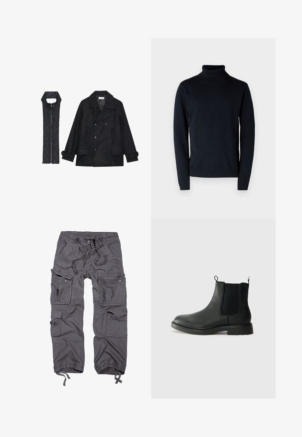 Zwarte wollen peacoat met dubbele knopen en grote kraag, gecombineerd met een mouwloze zwarte gewatteerde vest met ritssluiting.; Donkerblauwe coltrui van zacht, rekbaar materiaal. Heeft lange mouwen en ribgebreide manchetten en zoom. Eenvoudig, strak ontwerp.; Grijze cargobroek met meerdere zakken, trekkoord in de taille, knoopsluiting, taps toelopende boorden en een gestructureerde stofafwerking.; Zwarte leren chelsea boots met elastische zijpanelen, trekflappen, ronde neus en een gegoten rubberen zool. Gladde oppervlakte en stevige constructie.