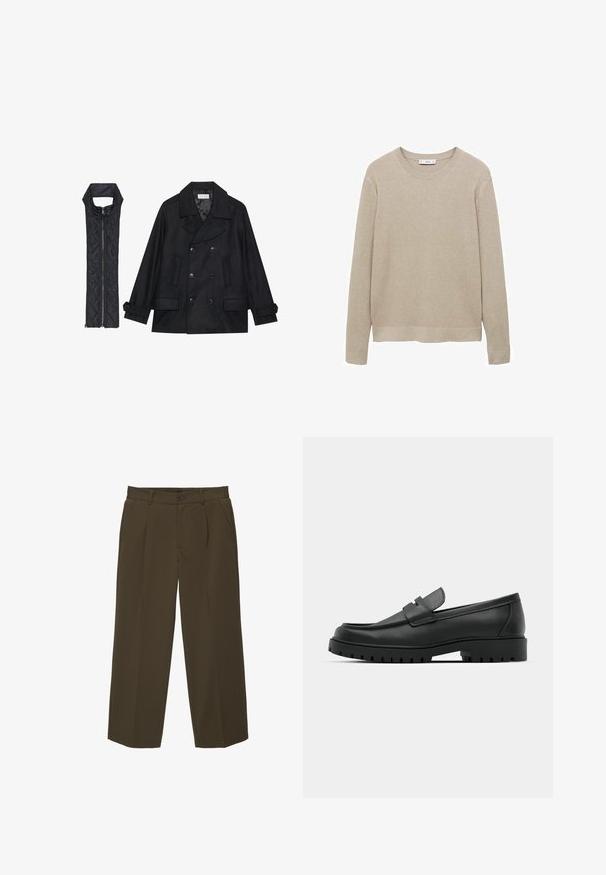 Zwarte wollen peacoat met dubbele knopen en grote kraag, gecombineerd met een mouwloze zwarte gewatteerde vest met ritssluiting.; Beige ribbeltrui met lange mouwen, ronde hals en een afgesneden zoom. De stof lijkt zacht met een textuurpatroon.; Bruine, losse vouwbroek gemaakt van zachte stof met een vlakke voorkant, zijzakken en een knoopsluiting in de taille. Eenvoudig ontwerp zonder patronen.; Zwarte leren instappers met een ronde neus, voorzien van een gestikt ontwerp, een lage platformzool en een gestructureerde, grof rubberen buitenzool.