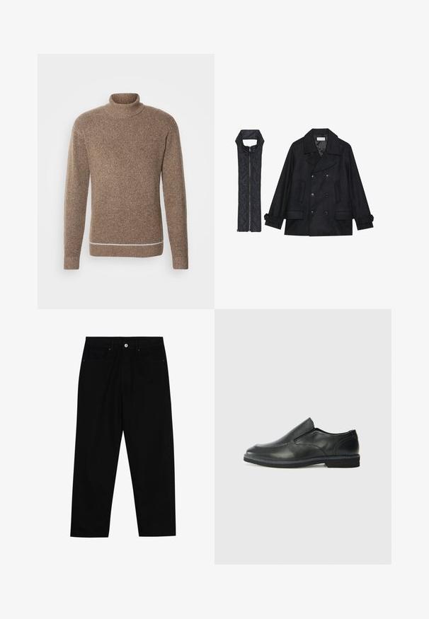 Manteau en laine noir à double boutonnage et grand col, associé à un gilet matelassé sans manches noir avec fermeture éclair.; INDICODE JEANS Pullover - otter; Pantalons en denim noir avec une coupe droite, un design à cinq poches et une fermeture à bouton à l'avant. Texture lisse avec des détails de couture minimaux.; Chaussure slip-on en cuir noir avec une tige lisse, des accents cousus, un bout arrondi et un petit talon en caoutchouc. La semelle présente un profil de traction minimal.