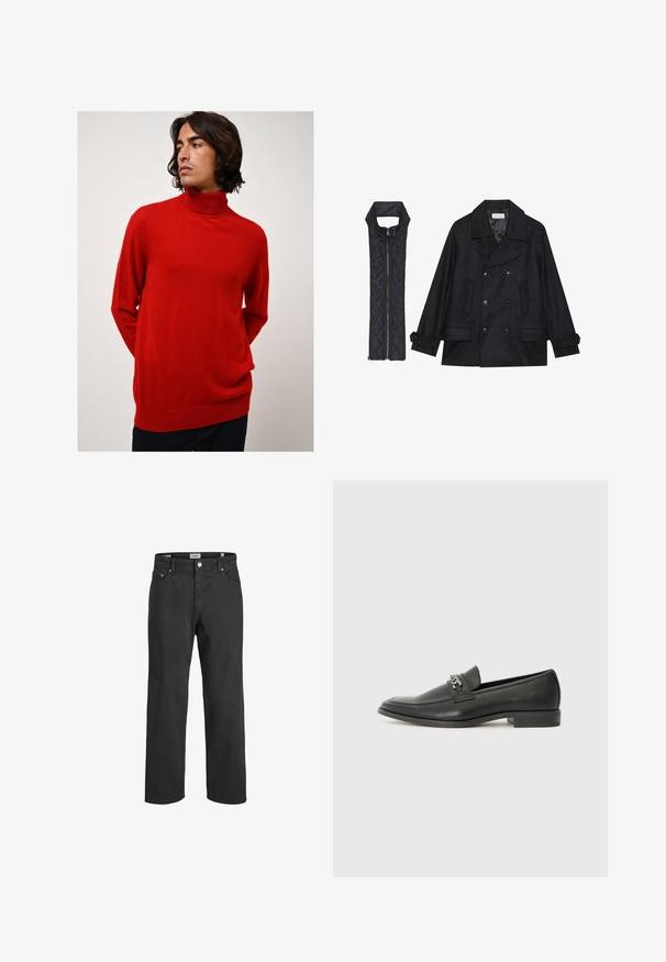 Cappotto di panno nero con bottoni doppi e colletto ampio, abbinato a un gilet senza maniche in tessuto trapuntato nero con chiusura a zip.; Maglione rosso a collo alto realizzato in materiale morbido. Presenta maniche lunghe, una vestibilità rilassata e una texture a coste nei polsini e nell'orlo.; Jeans neri a gamba dritta realizzati in cotone, con un classico design a cinque tasche, chiusura con bottone e dettagli di cucitura discreti.; Mocassino in pelle nera con finitura liscia, caratterizzato da un design cucito e da un accento decorativo in catena metallica sul vamp. Tacco piatto.