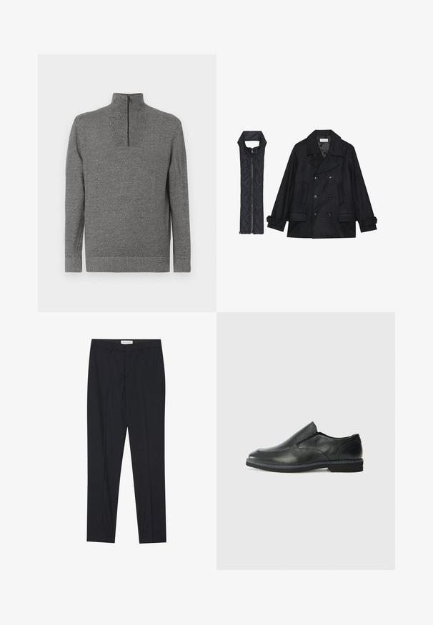 Crni vuneni kaput s dvostrukim kopčanjem i velikim ovratnikom, uparen s crnim bezrukavnim jaknom od mrežastog materijala sa zatvaračem na patent.; Sivi pleteni džemper s dugim rukavima i visokim ovratom sa četvrtastim patentnim zatvaračem, prikazan ravno na bijeloj pozadini.; Crne krojene hlače s ravnim prednjim dijelom, redovne prilagodbe, izrađene od glatkog materijala, s naglašenim pregibima i bočnim džepovima.; Crne kožne cipele na sklapanje s glatkom gornjom površinom, prošivenim detaljima, zaobljenim vrhom i niskim gumene potplate. Potplat ima minimalne uzorke.