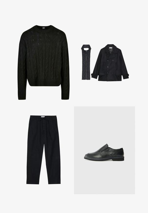 Melnā vilnas jaka ar dubulto pogu rindas un lielu apkakli, apvienota ar bez piedurknēm melnu piepūšamā vesta ar rāvējslēdzēju.; Melnā adīta džemperis ar cūkaknu rakstiem, apaļu kakla izgriezumu, nokritušām plecu šuvēm un ribinātu apakšmalu. Pusgarš dizains ar teksturētu apdari.; Pier One Chinos tipa bikses - black; Melnas ādas slip-on kurpes ar gludu augšdaļu, izšūtām akcentiem, noapaļotu purngala daļu un zemu gumijas papēdi. Zole ar minimālu rakstu.