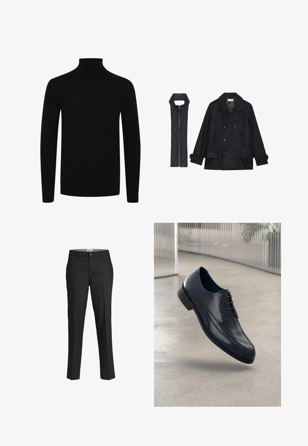 Manteau en laine noir à double boutonnage et grand col, associé à un gilet matelassé sans manches noir avec fermeture éclair.; Pull à col roulé noir, à manches longues, avec un col et un ourlet côtelés, fabriqué en tissu tricoté lisse, avec un logo discret sur le côté inférieur.; Pantalon noir, coupe ajustée, tissu lisse, taille mi-haute, fermeture à bouton à l'avant, poches en biais, et détails de pli sur les jambes.; Souliers habillés en cuir noir brillant avec des lacets, flottant au-dessus d'un sol lisse gris clair et de barres métalliques verticales en arrière-plan.