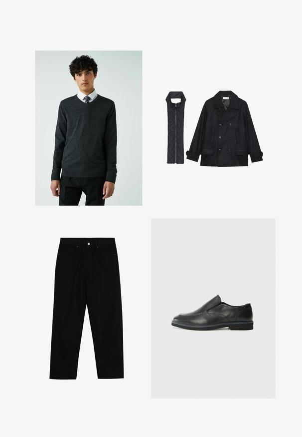 Zwarte wollen peacoat met dubbele knopen en grote kraag, gecombineerd met een mouwloze zwarte gewatteerde vest met ritssluiting.; Next RICH V-NECK - Trui - charcoal grey; Zwarte denim broek met een recht gesneden pasvorm, vijf gebruikersvriendelijke zakken en een sluiting met een knoop aan de voorkant. Soepele textuur met minimale stikdetails.; Zwarte leren instapper met een soepele bovenkant, gestikte accenten, ronde neus en een lage rubberen hak. De zool heeft minimale profiel.