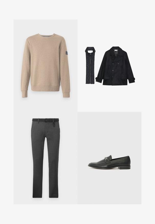 Crni vuneni kaput s dvostrukim kopčanjem i velikim ovratnikom, uparen s crnim bezrukavnim jaknom od mrežastog materijala sa zatvaračem na patent.; TOM TAILOR STRUCTURED CREW NECK - Sportska majica - palm cashmere structure; Tamno sive hlače od teksturirane tkanine, s crnim remenom, petljama za remen i dva bočna džepa. Izravni kroj nogavica, bez vidljivih uzoraka.; Crna kožna loafer cipela s glatkom finišem, s ušivenim uzorkom i dekorativnim metalnim lancem preko prednjeg dijela. Ravni potplat.